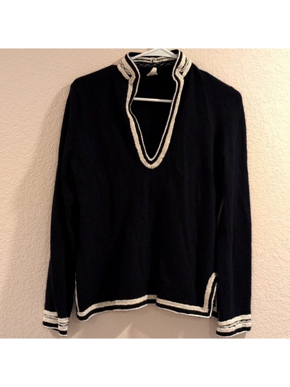 J Crew V Neck Sweater Midnight Blue Off White Trim Small